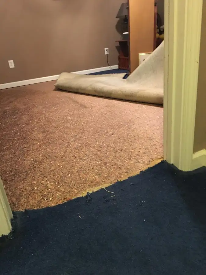 Carpet pad removal revealing water damage during Water Mitigation Services in Blythewood